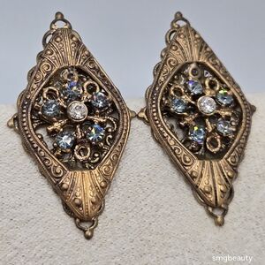 Antique Victorian-Style Gold-Tone Jeweled Earrings Blue & Clear Rhinestones